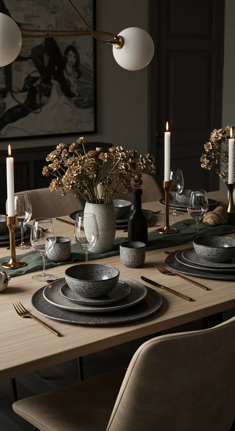 Table élégante avec des assiettes en céramique grise mouchetée et des fleurs séchées.
