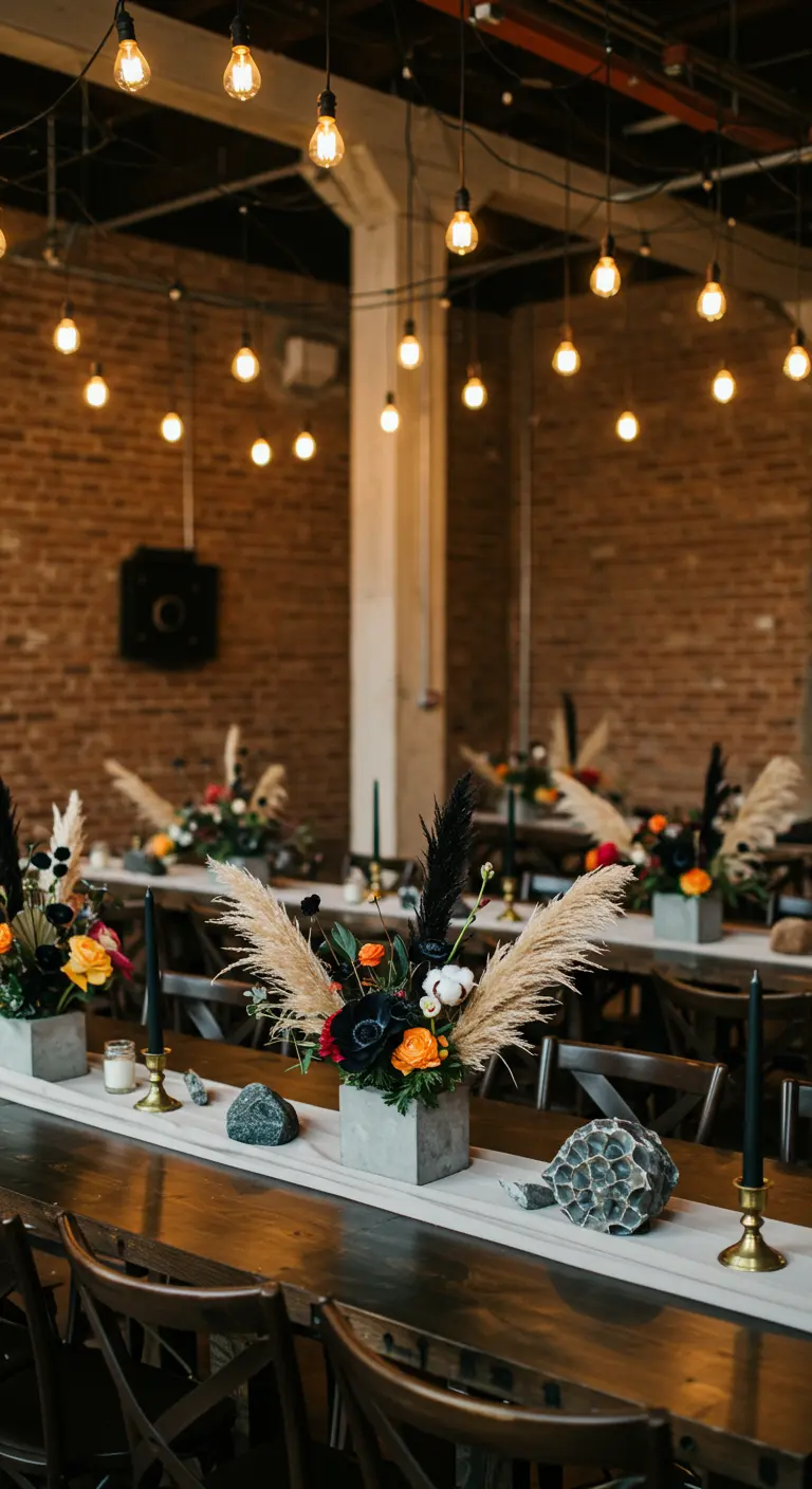 Centre de table avec pampa, fleurs sombres et oranges dans un vase en béton.