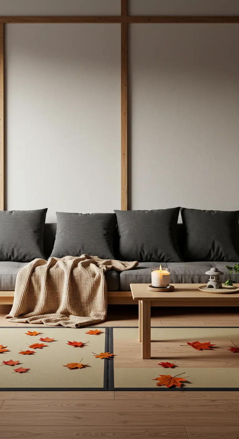 Intérieur de style japonais avec canapé bas, tatamis et feuilles d'érable au sol.
