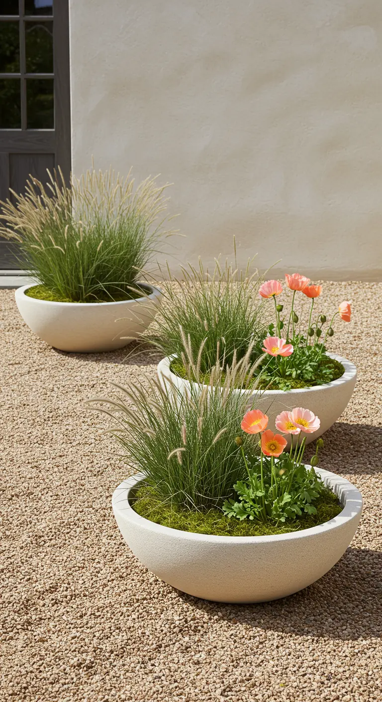 Trois vasques en béton clair avec des graminées et des coquelicots roses sur du gravier.