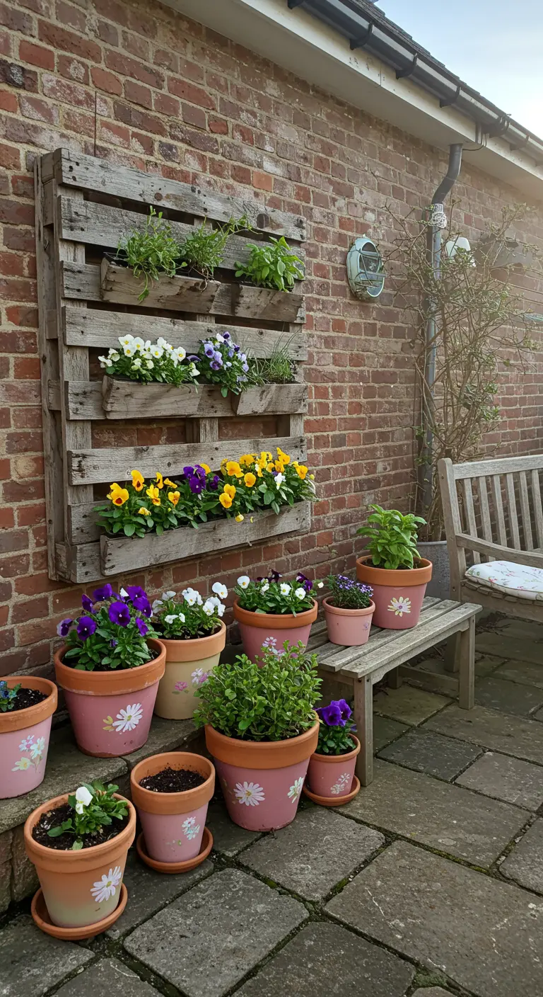 Jardin vertical fait d'une palette en bois avec des pensées et des herbes.