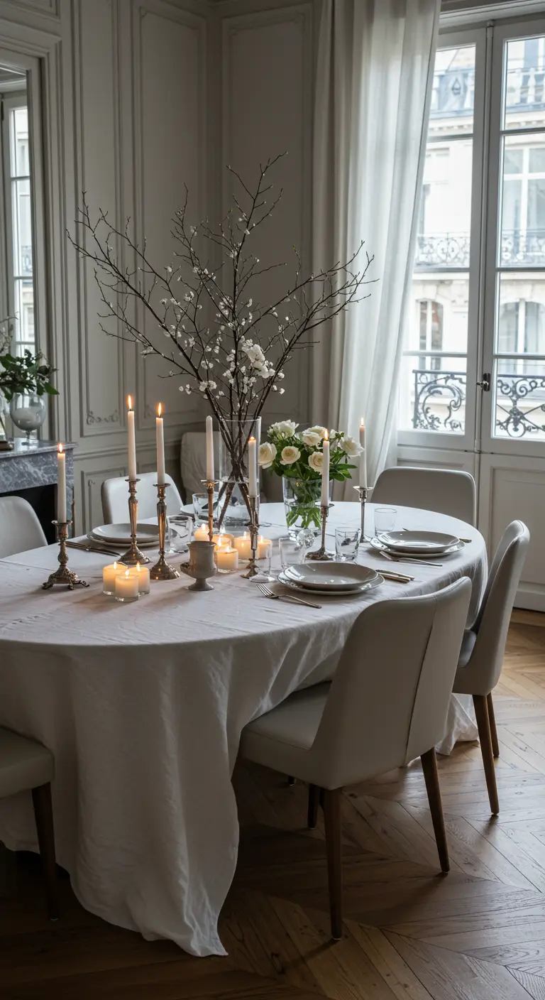 Table de Noël parisienne élégante avec des branches et des chandeliers en argent.