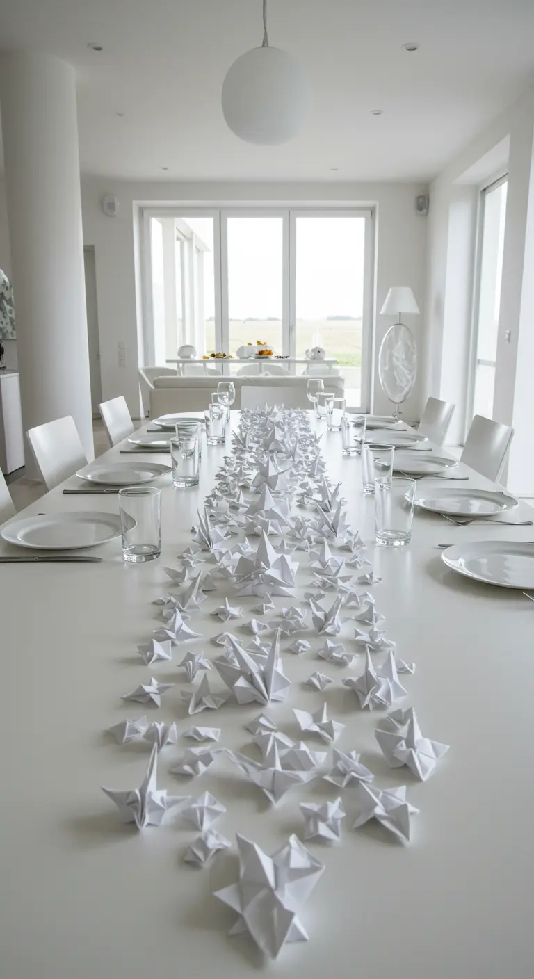 Longue table blanche minimaliste avec un chemin de table composé de nombreuses étoiles en origami blanches.