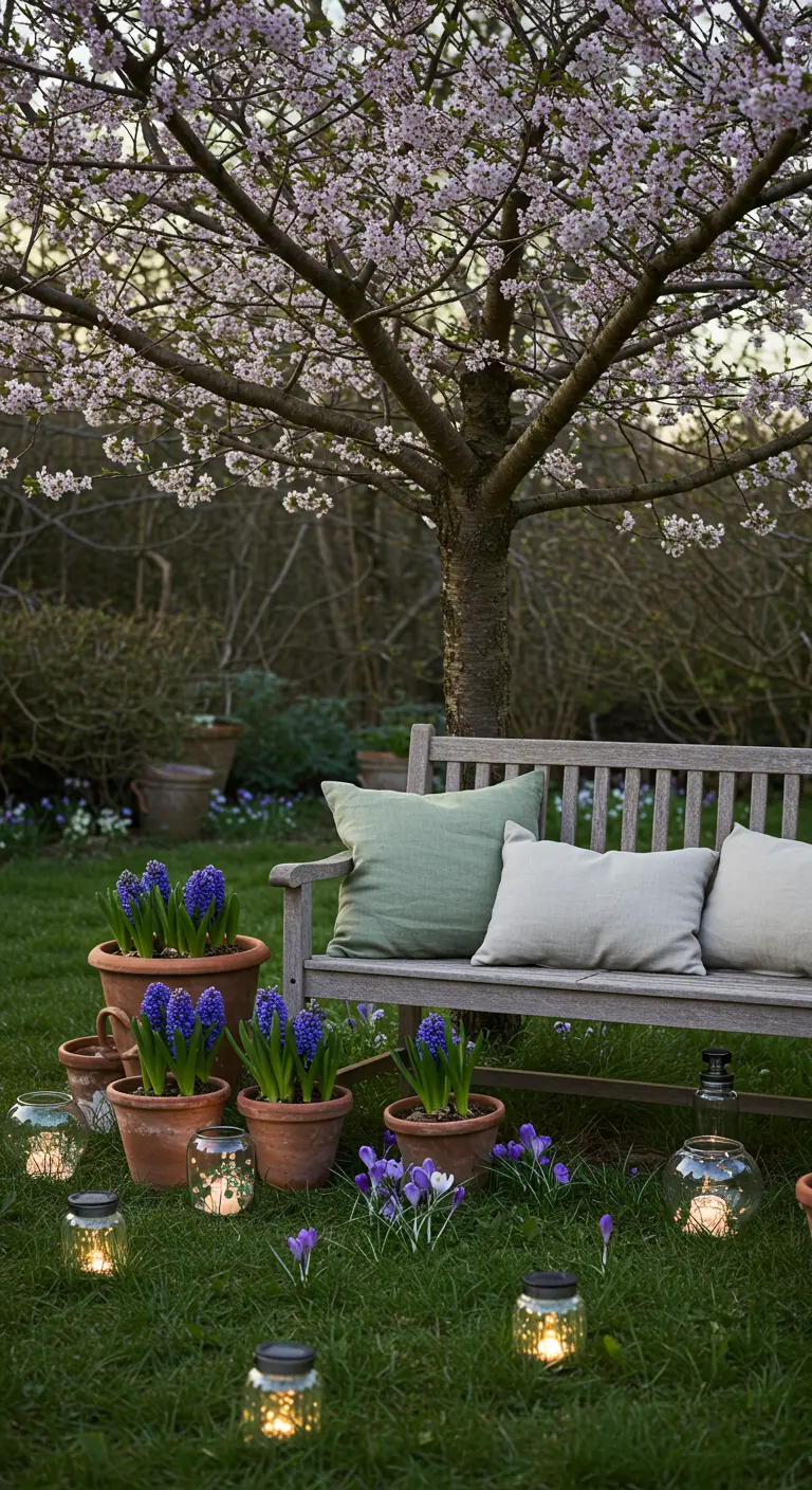 Banc de jardin sous un cerisier en fleurs avec des jacinthes.