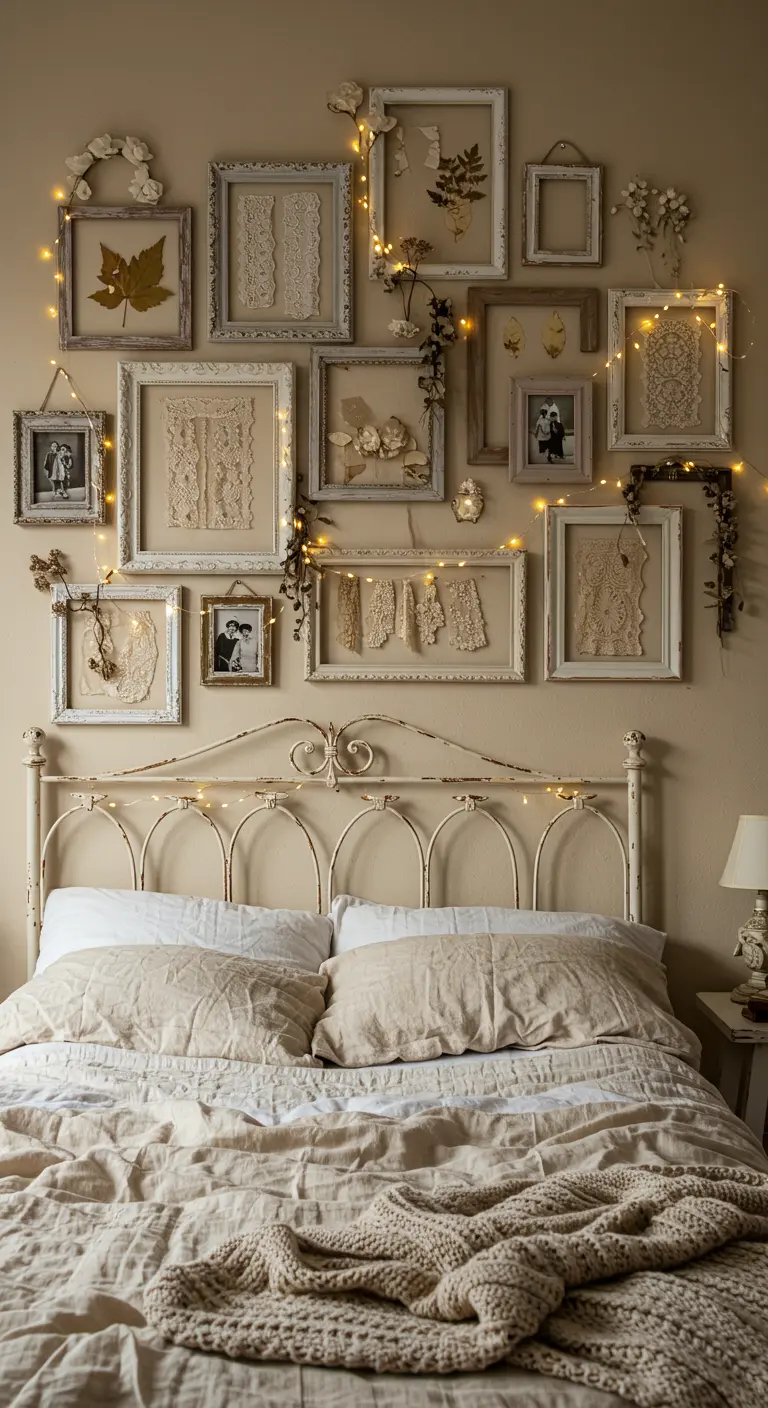 Mur beige avec une composition de cadres vintage, de dentelles et de fleurs séchées, illuminée par des guirlandes.