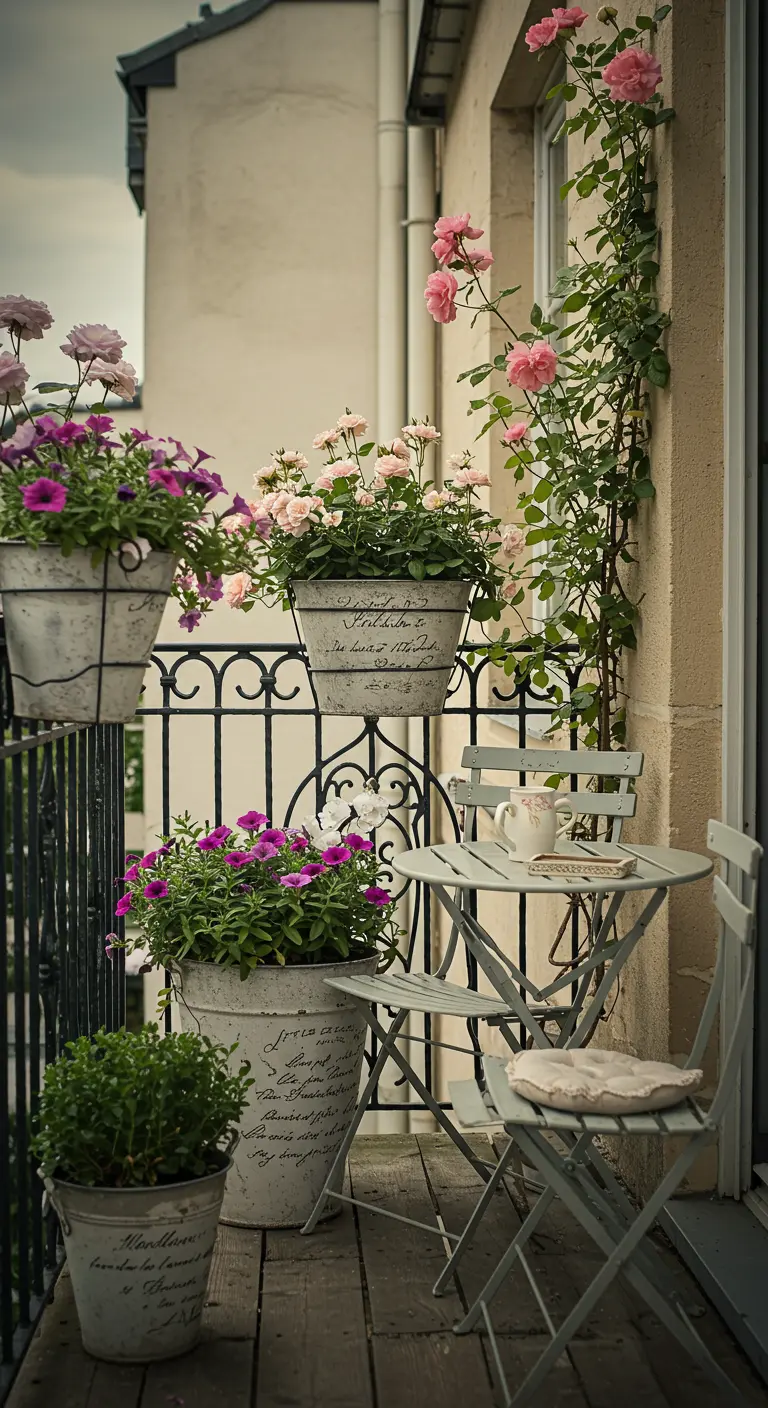 Pots blancs vieillis avec écriture française sur un balcon romantique.
