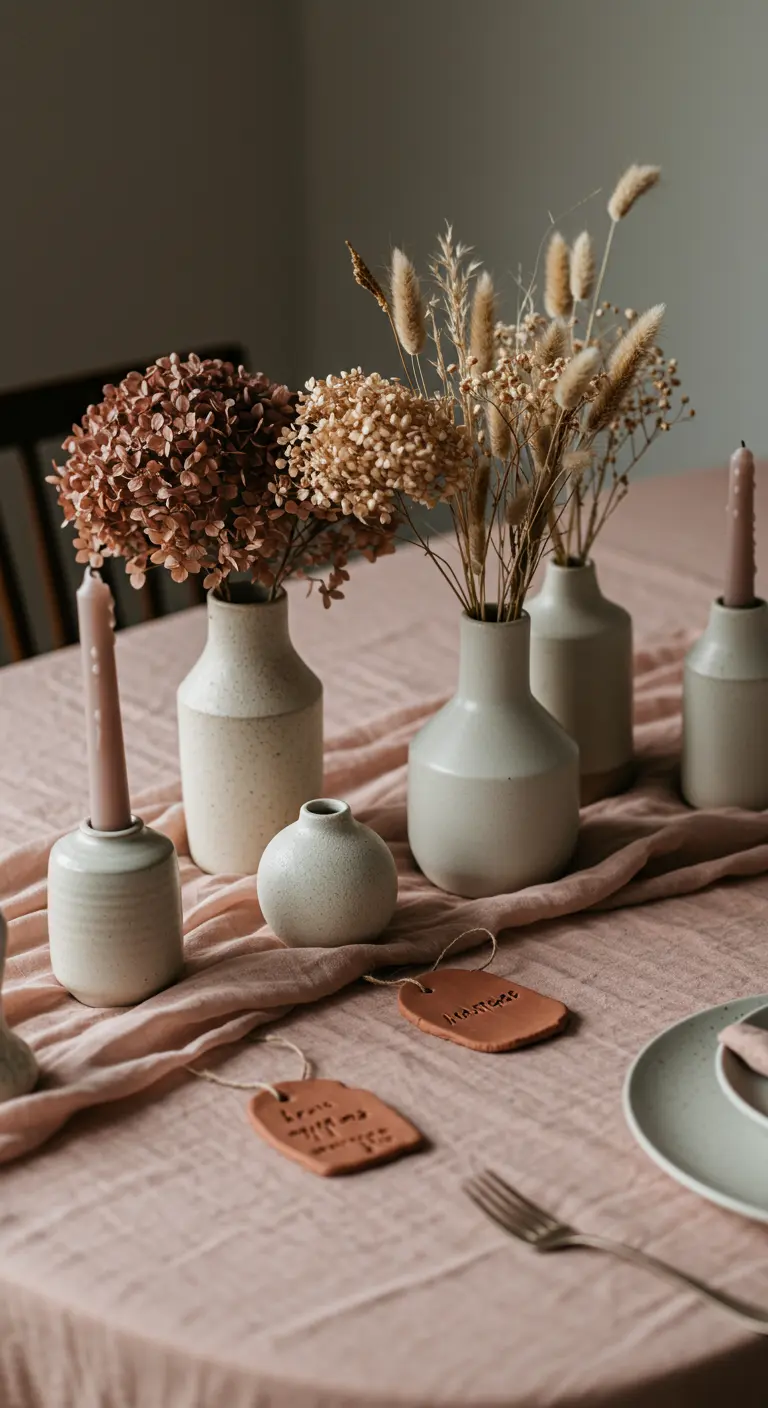 Composition de fleurs séchées dans des vases en céramique sur une table avec une nappe rose poudré.