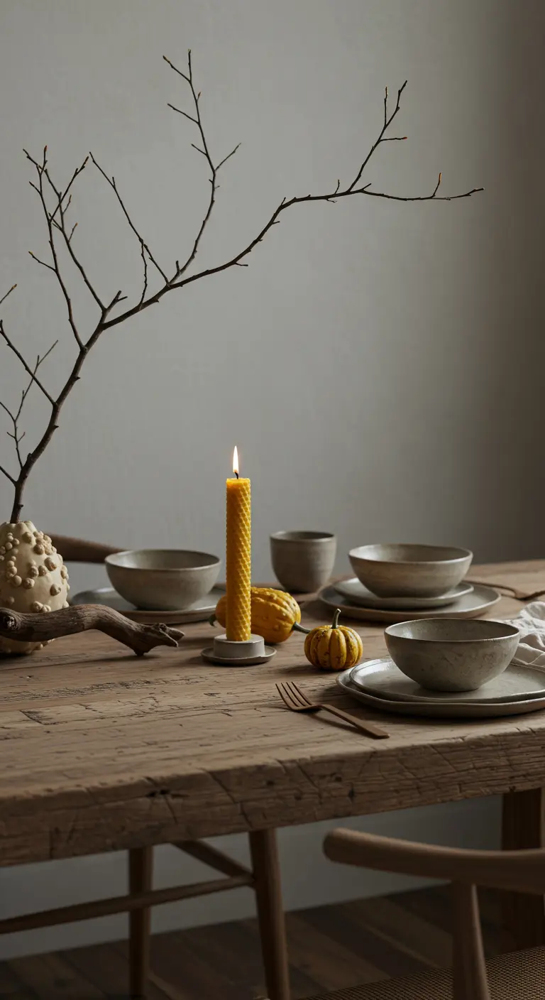 Table en bois minimaliste avec une branche nue, une bougie en cire d'abeille et des céramiques artisanales.