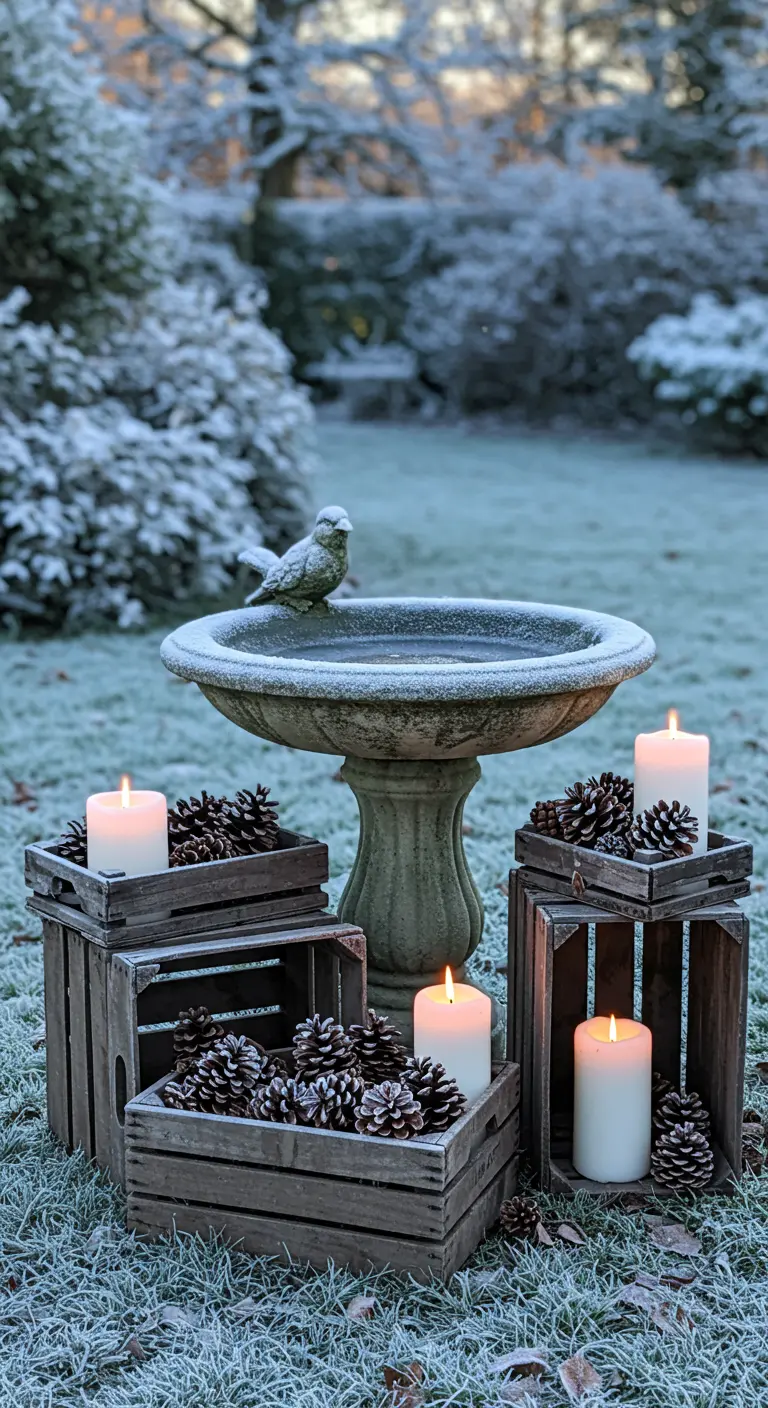 Bain d'oiseaux givré entouré de caisses en bois avec bougies et pommes de pin.