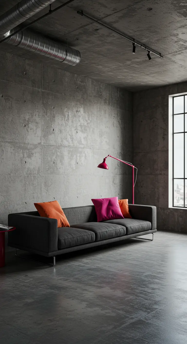 Canapé gris foncé dans un intérieur en béton brut avec des coussins fuchsia et orange.