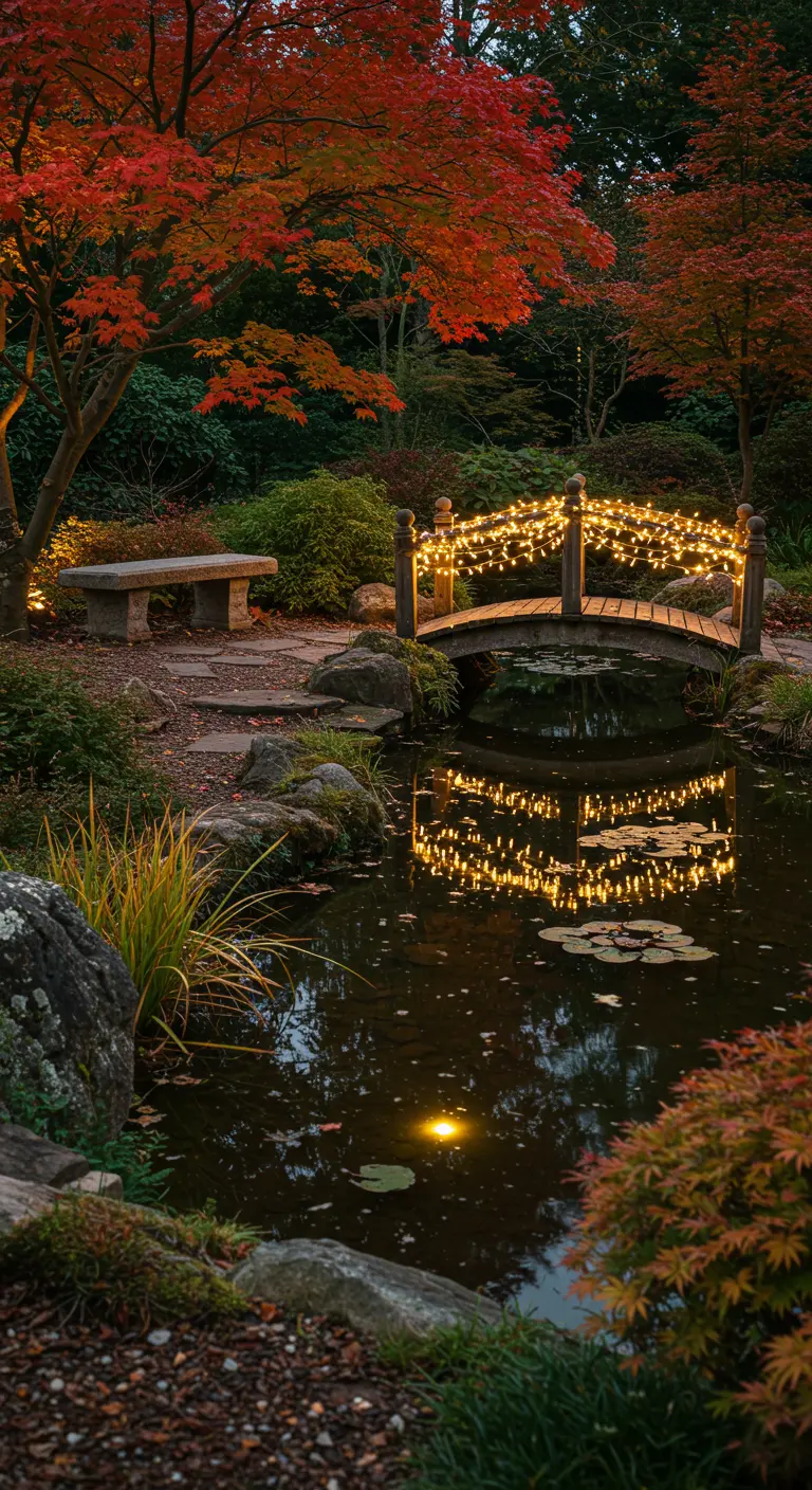 Pont de jardin japonais en bois illuminé de guirlandes lumineuses, au-dessus d'un étang, en automne.