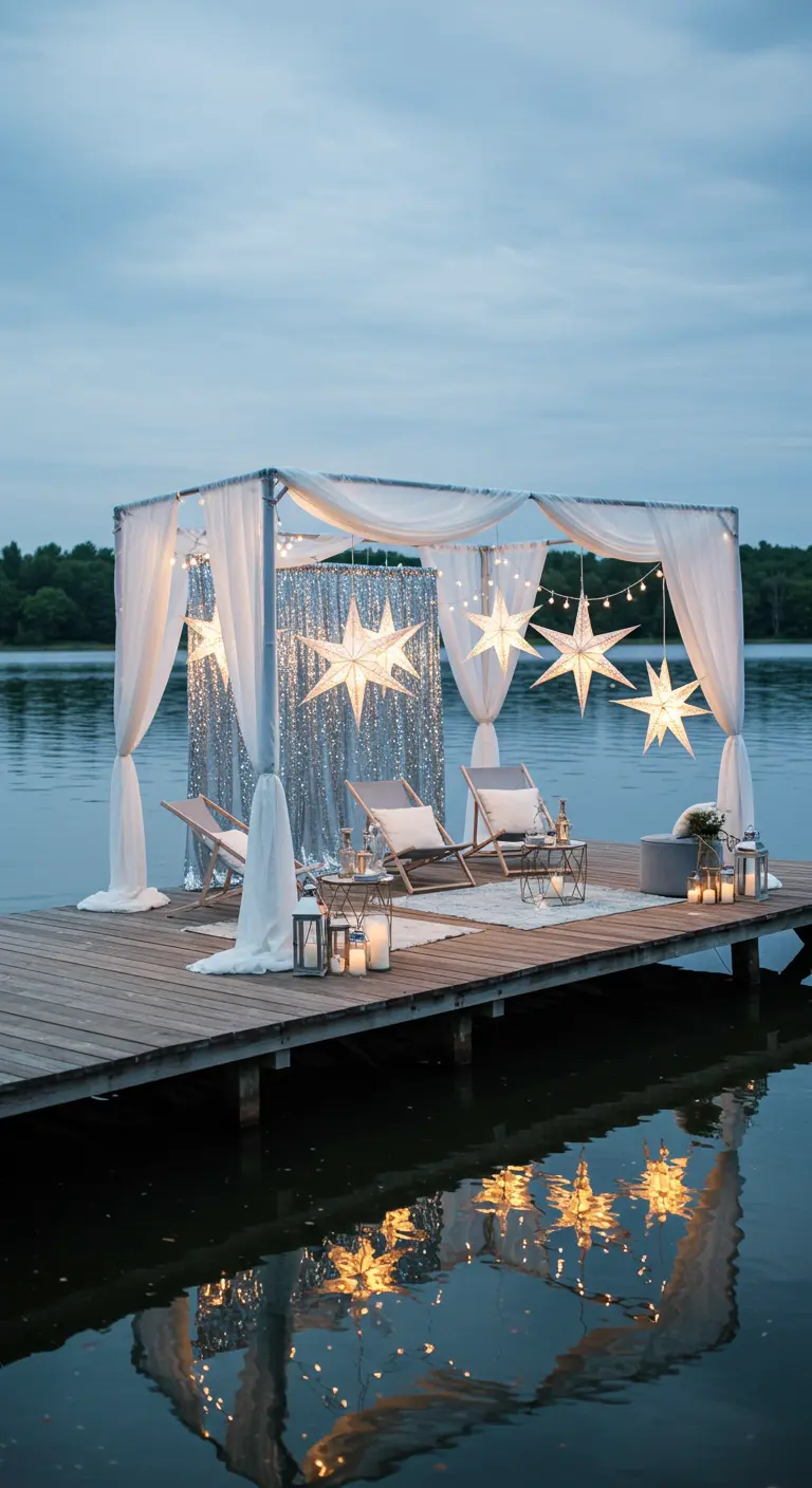 Un ponton décoré de voilages blancs, d'étoiles lumineuses et de lanternes au bord de l'eau.