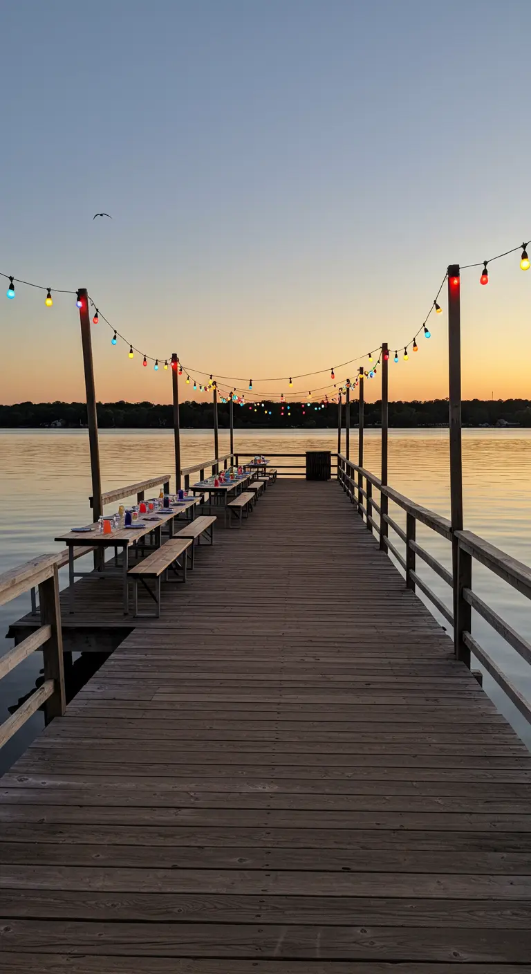 Ponton en bois sur un lac avec une guirlande lumineuse colorée au-dessus d'une table.