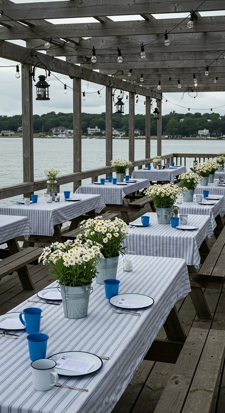 Restaurant sur un ponton, tables avec nappes rayées, seaux de marguerites, et mugs bleus.