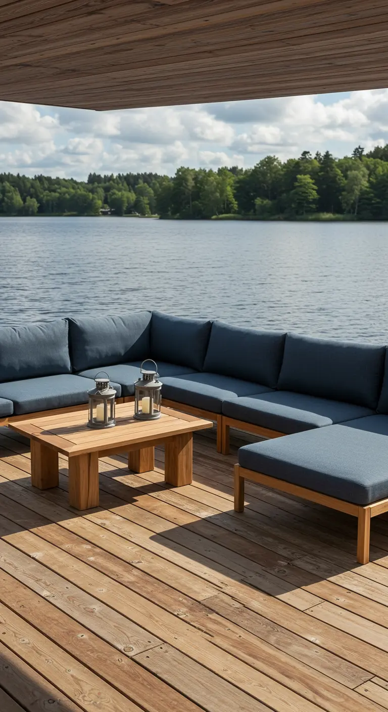Salon d'extérieur bleu marine sur un ponton en bois au bord d'un lac.