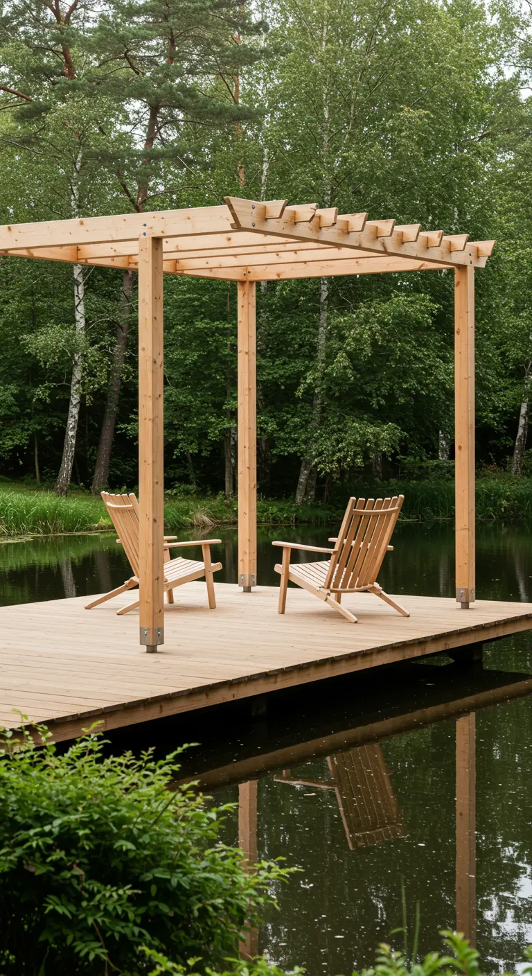 Pergola en bois clair sur un ponton en bois au bord d'un lac, avec deux chaises Adirondack.