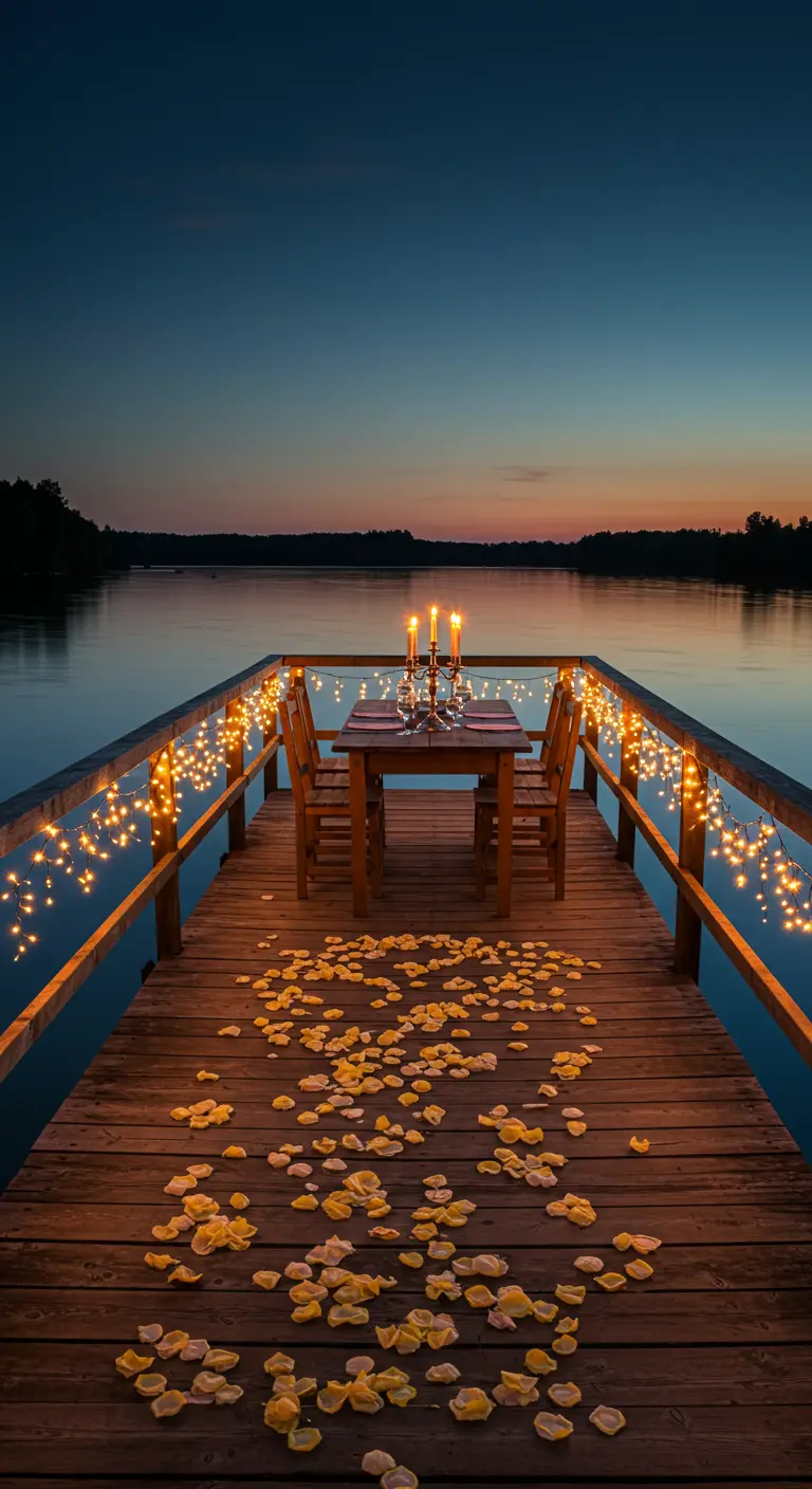 Table de dîner sur un ponton en bois illuminé au crépuscule.