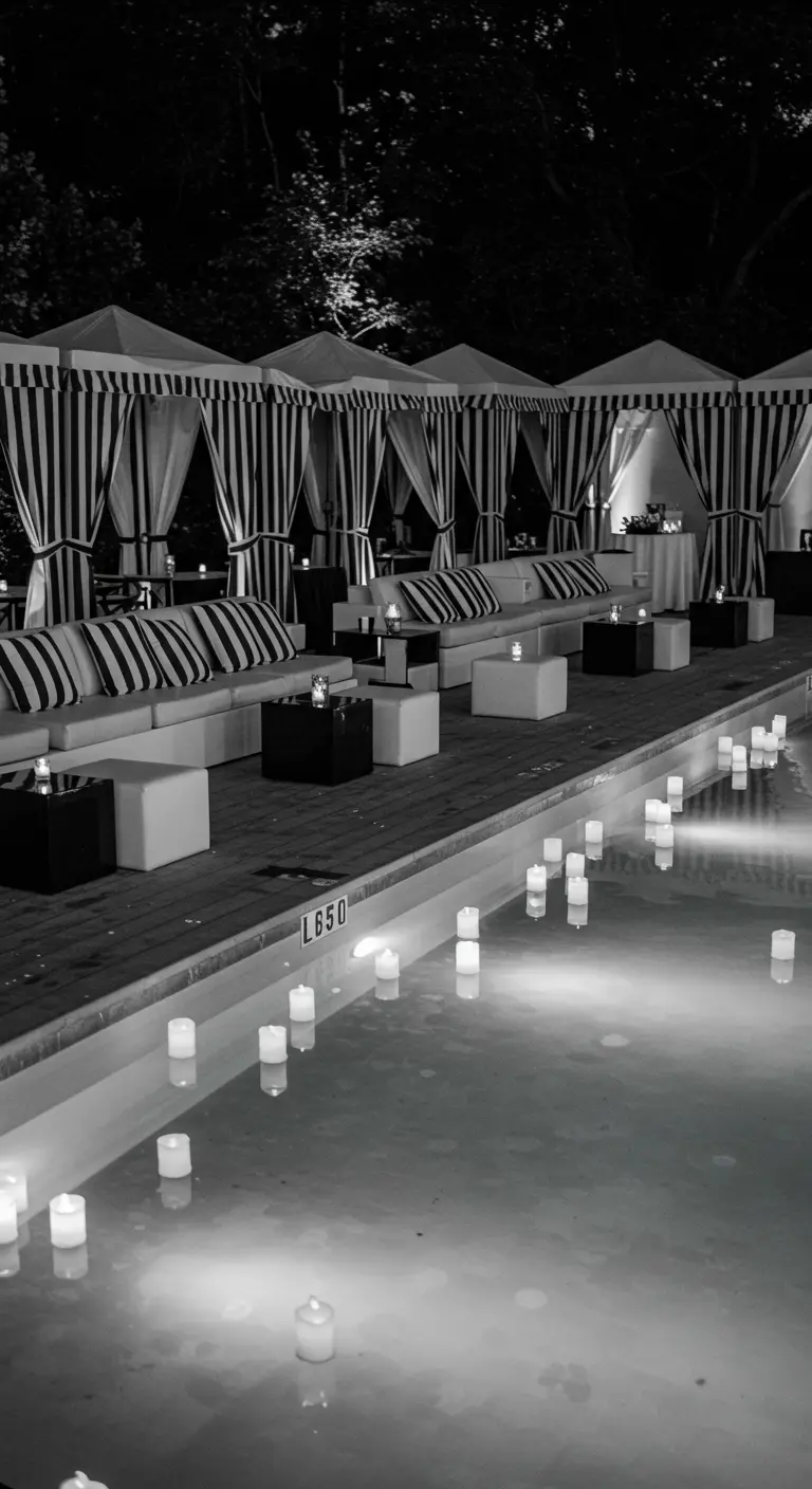 Bord de piscine chic avec des cabanes à rayures et des bougies flottantes.