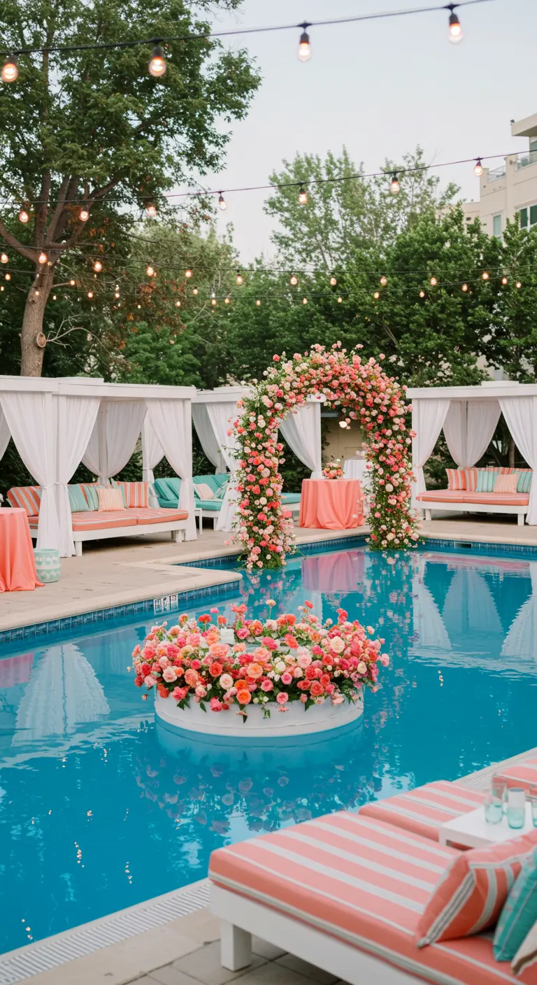 Fête au bord d'une piscine avec une arche de fleurs roses et une composition florale flottante.