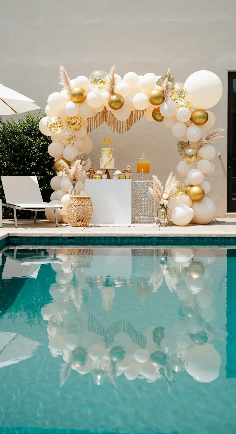 Arche de ballons blancs et dorés près d'une piscine avec table de desserts.