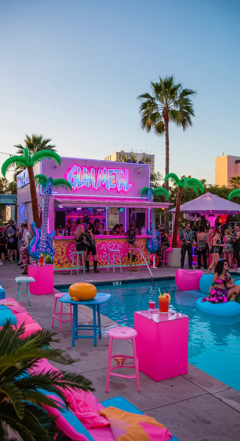 Pool party colorée avec un bar néon et des palmiers.