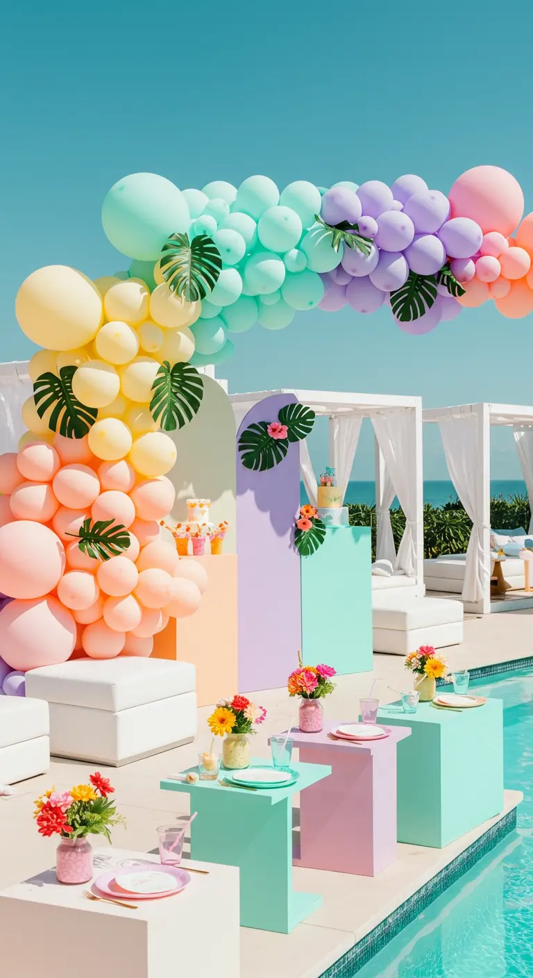 Fête au bord d'une piscine avec une grande arche de ballons pastel et des blocs colorés.