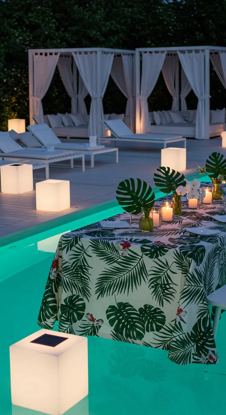 Table de fête au bord d'une piscine illuminée, avec une nappe à motifs de palmiers et des cubes lumineux.