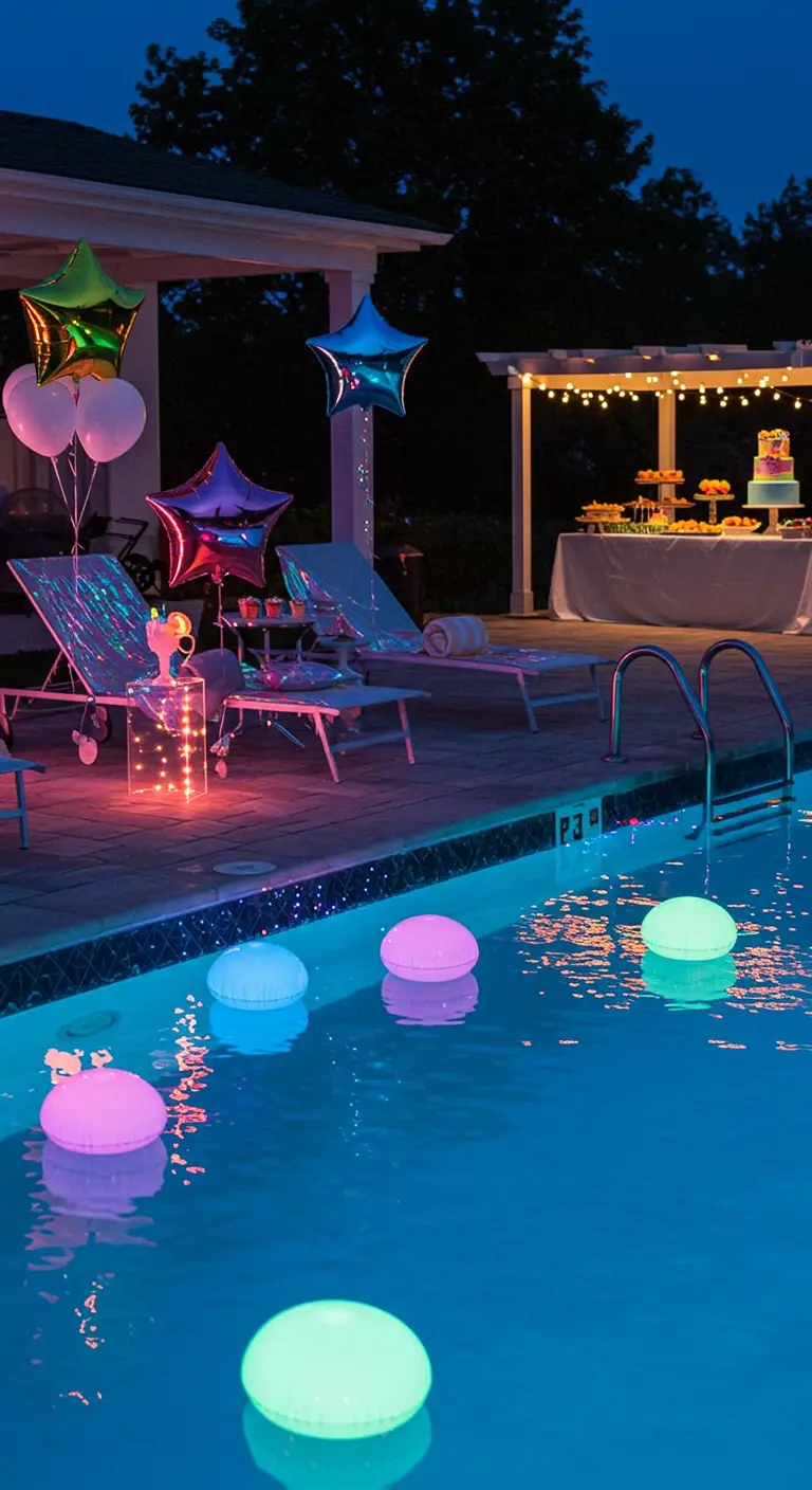 Piscine éclairée pour une pool party nocturne avec des boules lumineuses flottantes, des transats et des ballons étoiles.
