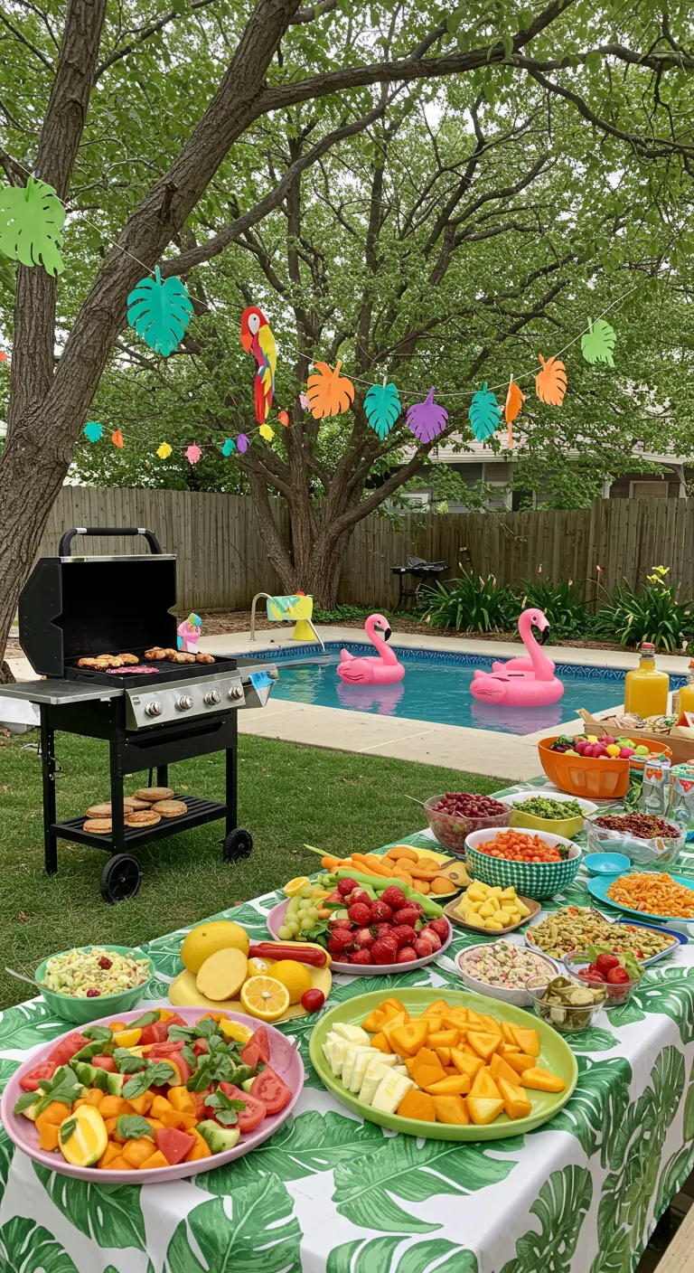Buffet coloré et barbecue près d'une piscine avec des bouées flamants roses.