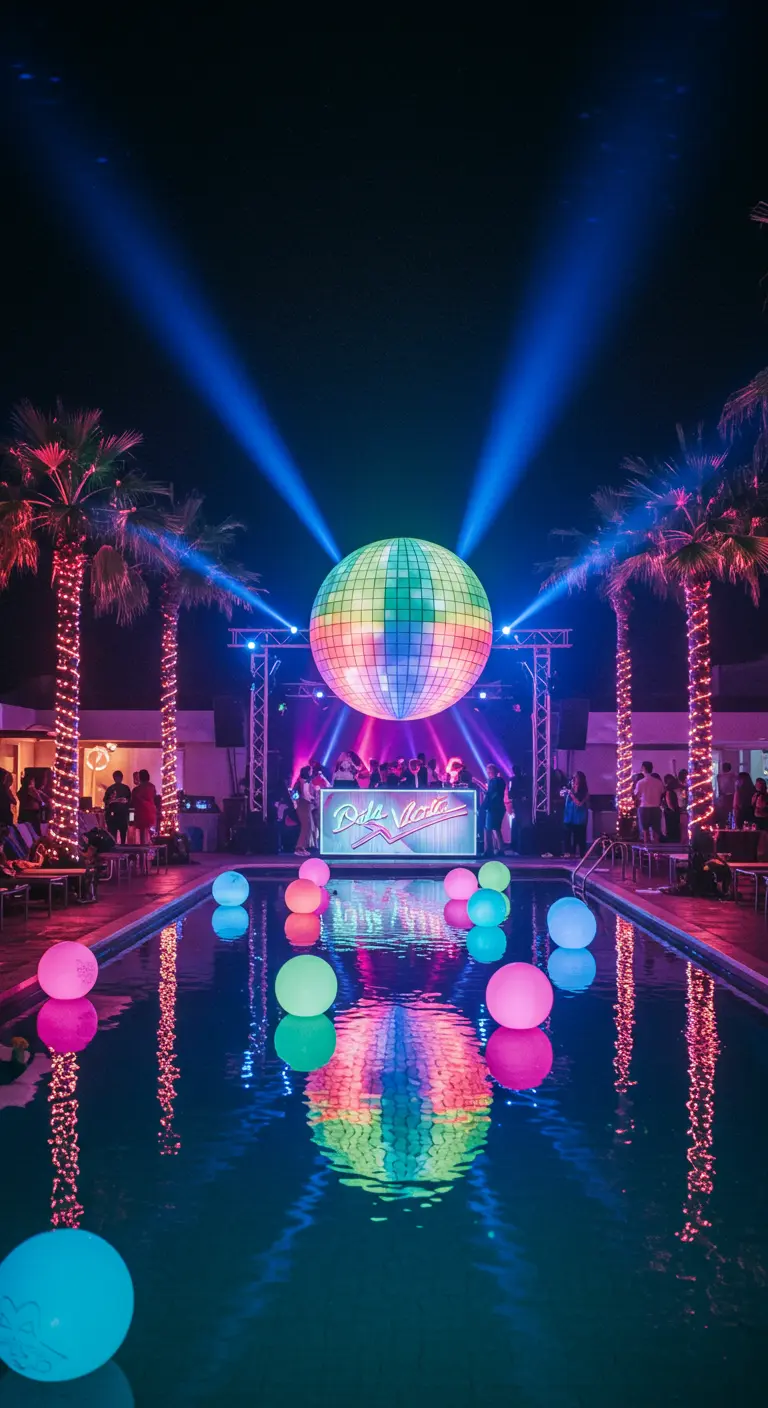 Une pool party nocturne avec une boule à facettes géante et des globes lumineux.