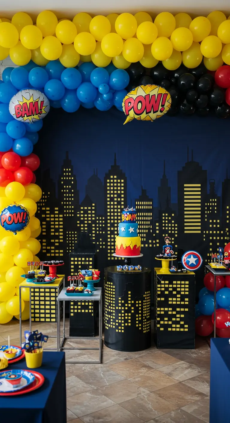 Mur de ballons super-héros avec une toile de fond de ville.