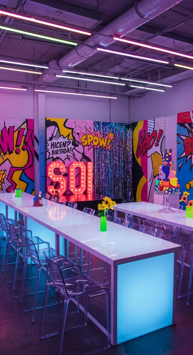 Salle de fête Pop Art avec murs colorés, chiffre d'âge lumineux, tables LED et chaises transparentes.