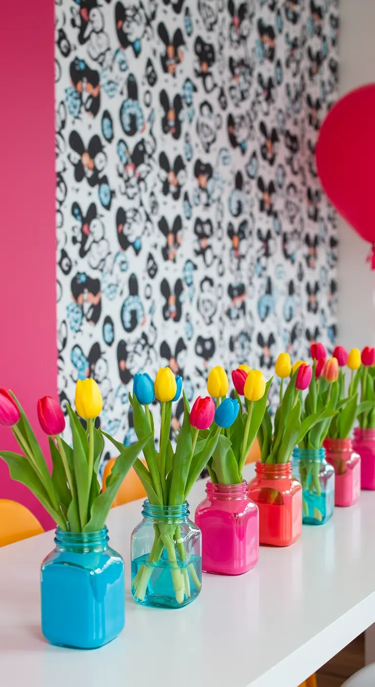 Bocaux en verre peints de couleurs vives alignés, contenant des tulipes multicolores.