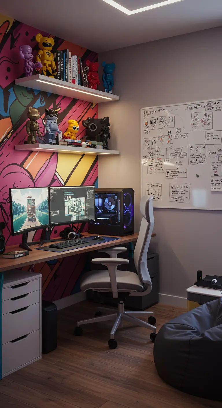 Bureau de gamer avec un mur de graffiti et des étagères de figurines.