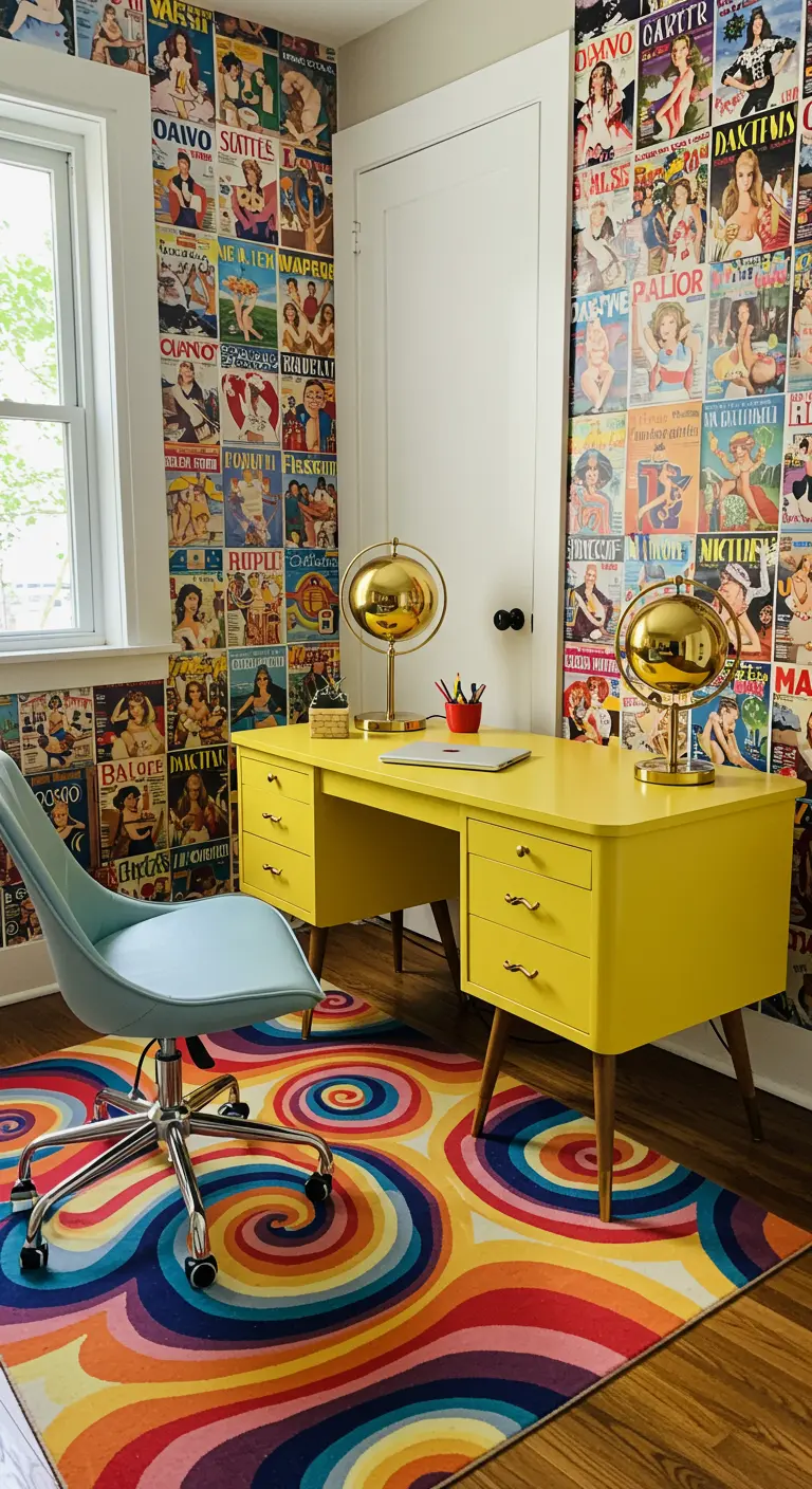 Bureau jaune vif avec un mur couvert d'anciennes couvertures de magazines et un tapis psychédélique.