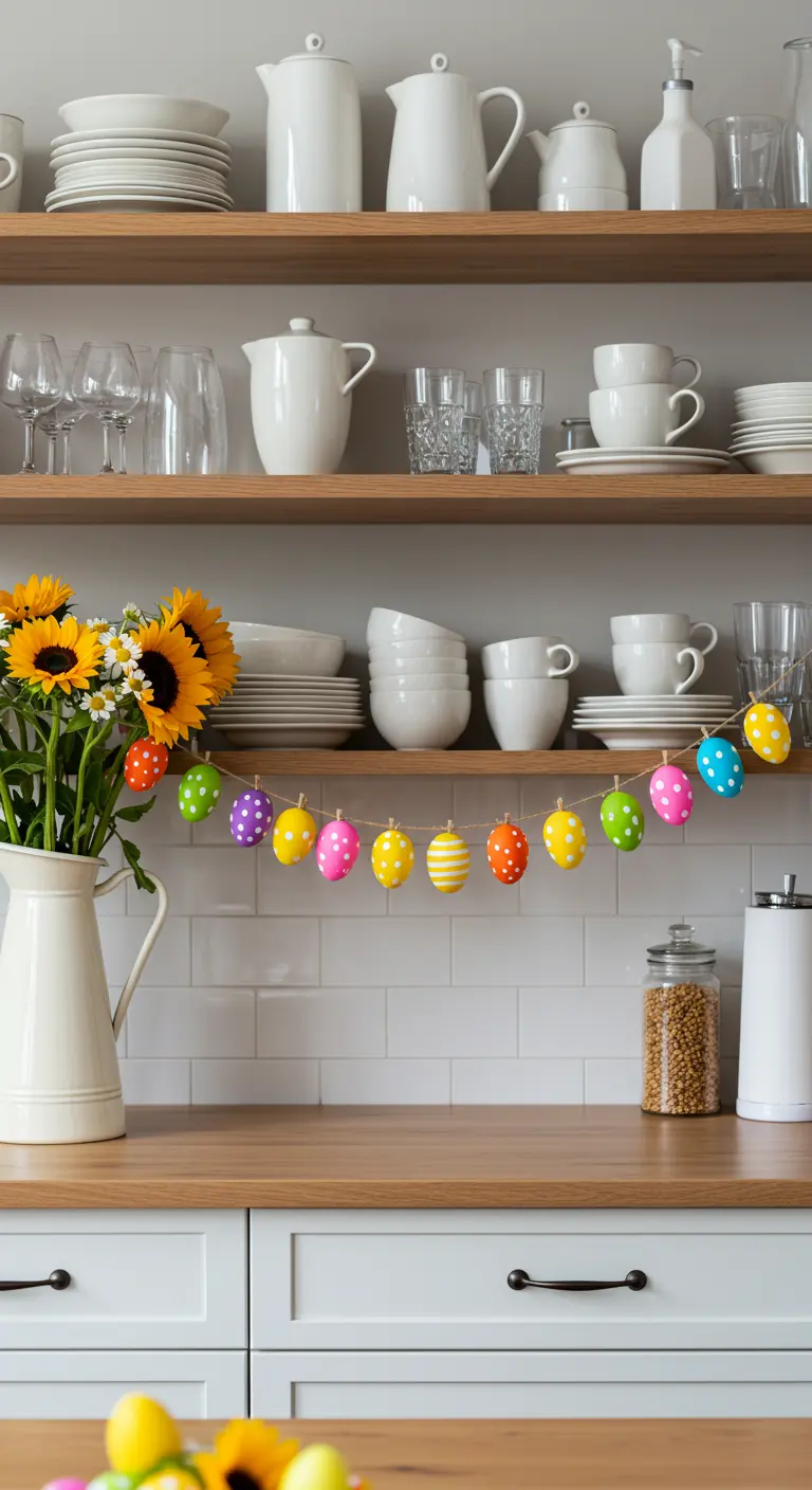 Étagères de cuisine avec une guirlande d'œufs très colorés et un bouquet de tournesols.