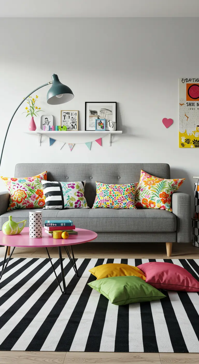 Salon pop avec un tapis à larges rayures noires et blanches et des coussins colorés.