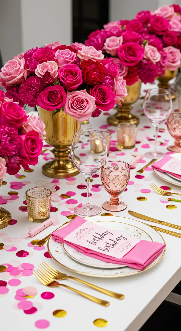 Table de fête vibrante en rose fuchsia et or, avec des fleurs et des confettis géants.