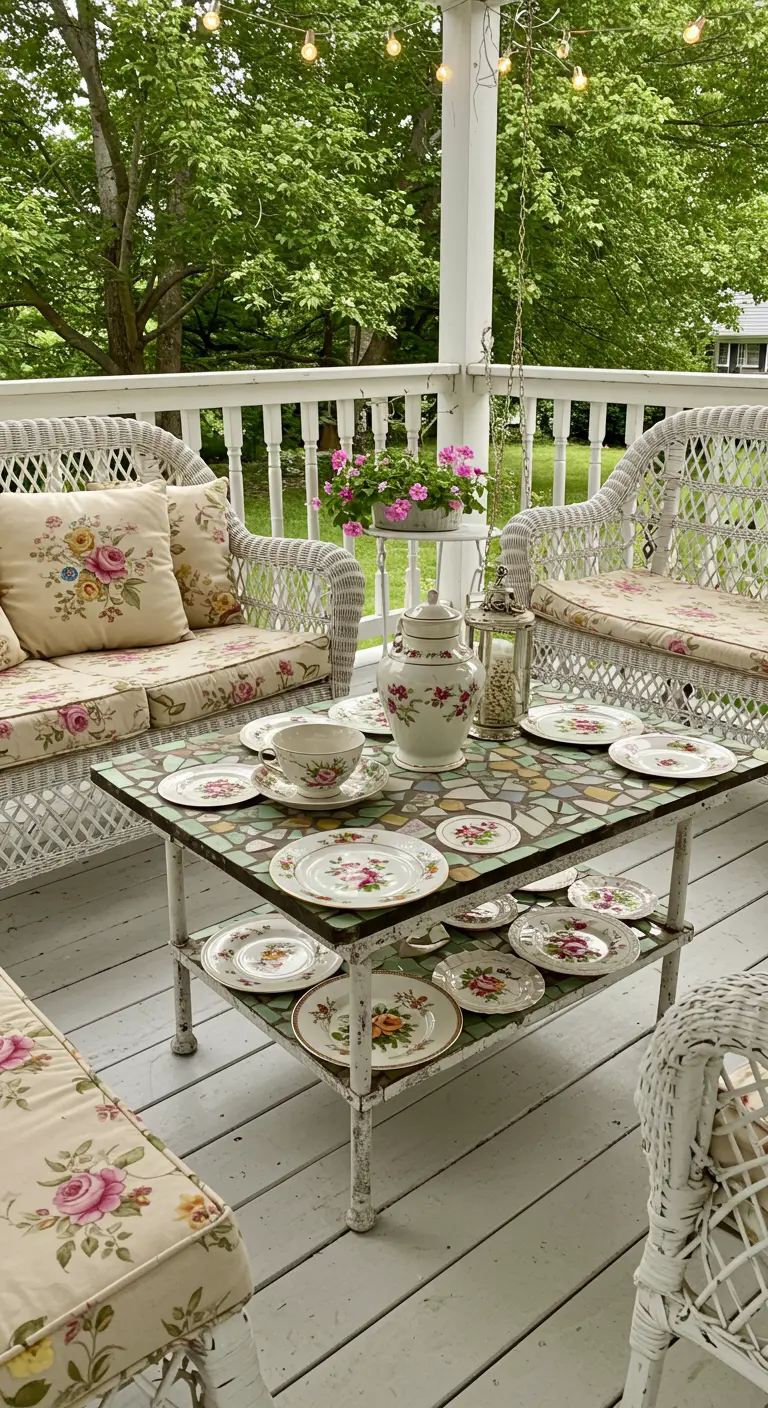 Table en mosaïque d'assiettes en porcelaine vintage sur un porche.