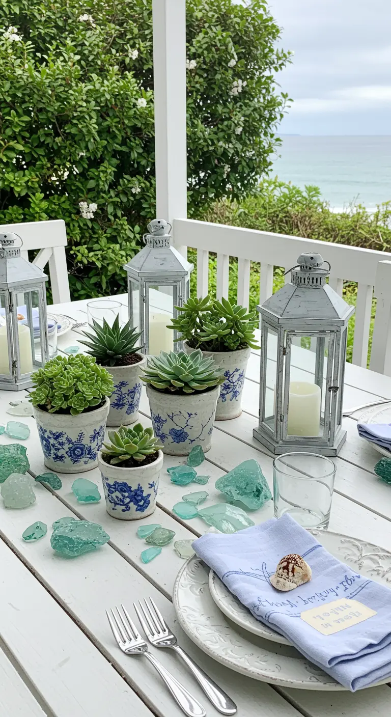Table blanche avec des succulentes dans des pots en porcelaine bleue et blanche et du verre de mer.