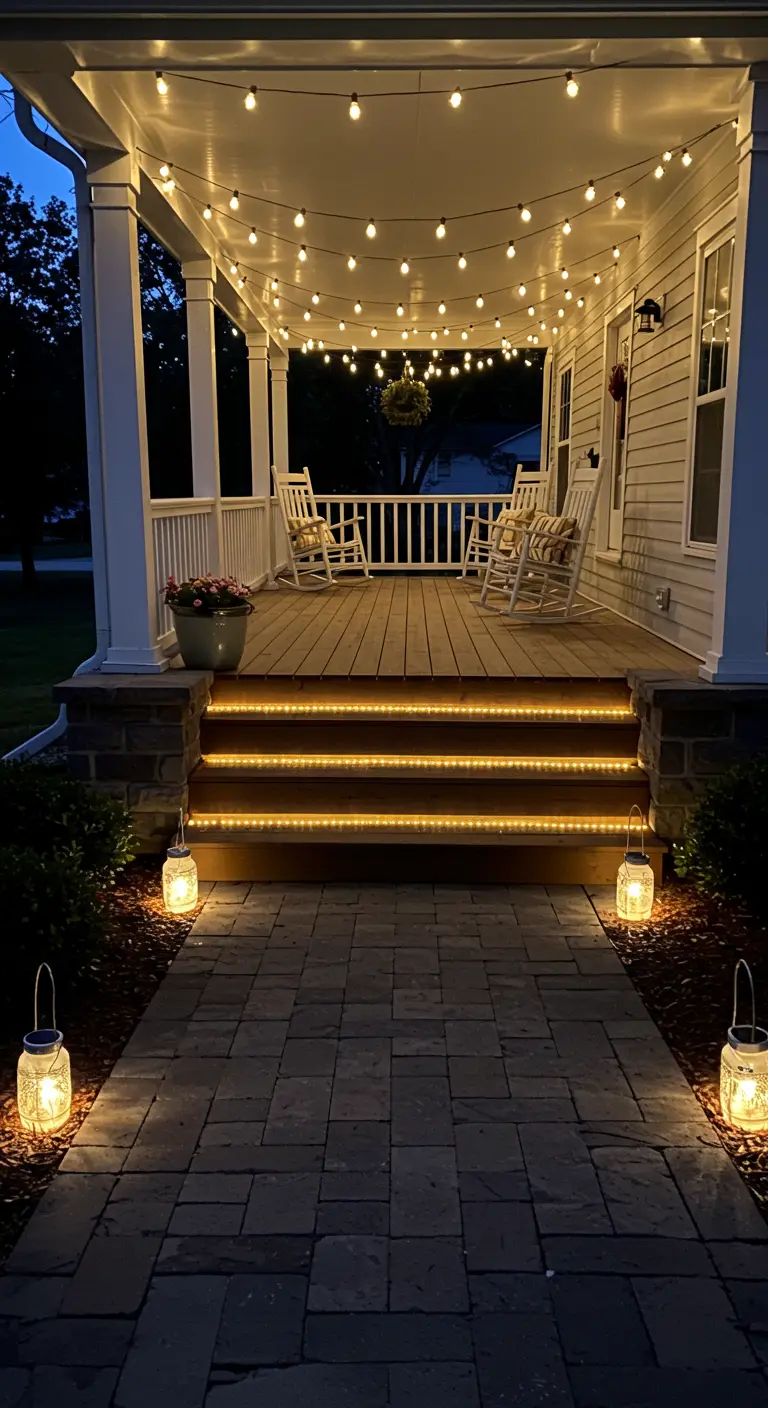 Porche de maison avec des guirlandes lumineuses au plafond et des marches d'escalier éclairées par des bandes LED.