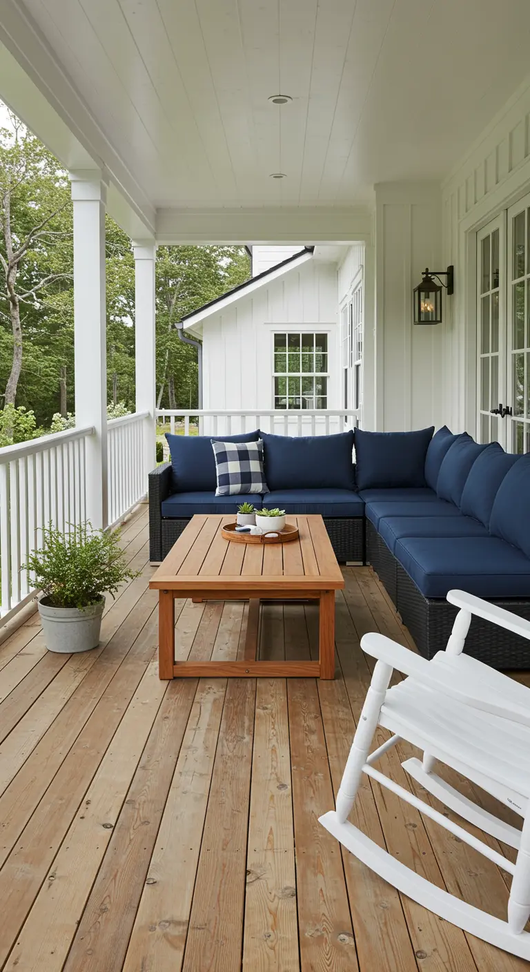 Salon d'angle bleu marine sur le porche en bois d'une maison blanche.