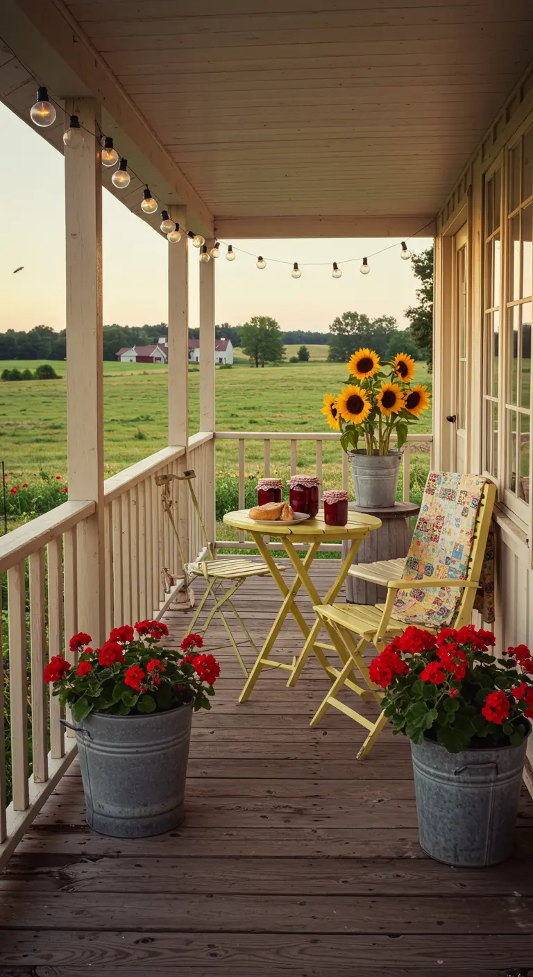 Bistro set jaune sur un porche de ferme, avec des tournesols, géraniums rouges et guirlande d'ampoules.