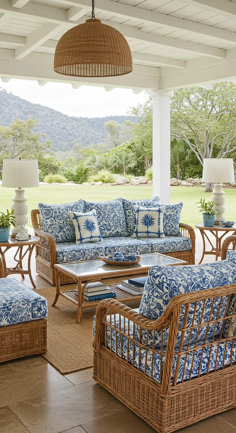 Ensemble de salon d'extérieur en rotin avec coussins à motifs bleus et blancs sur une terrasse.