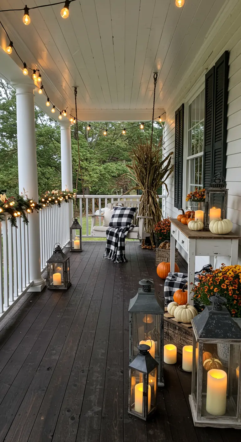 Porche blanc décoré pour l'automne avec guirlandes lumineuses, lanternes, citrouilles et botte de foin.