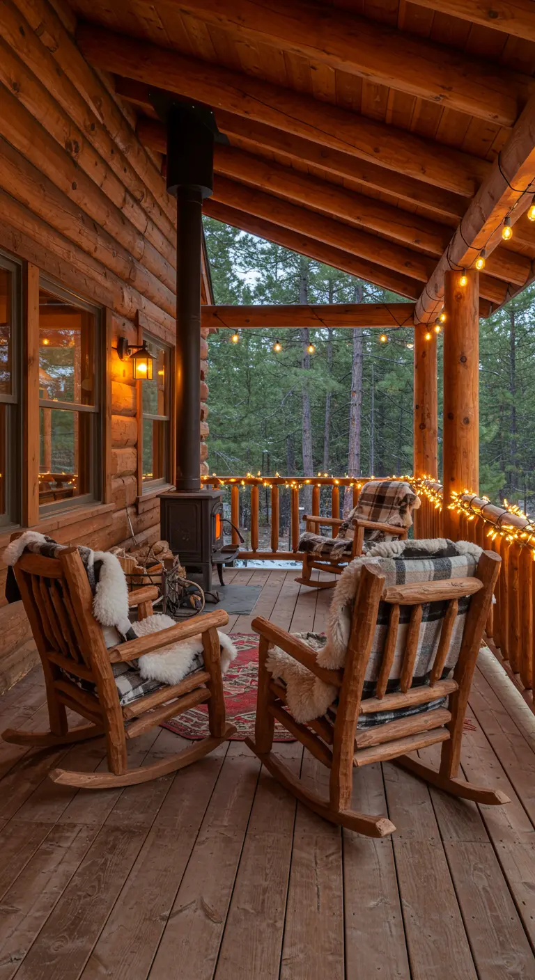 Porche de chalet en rondins avec fauteuils à bascule, poêle à bois et guirlandes lumineuses.