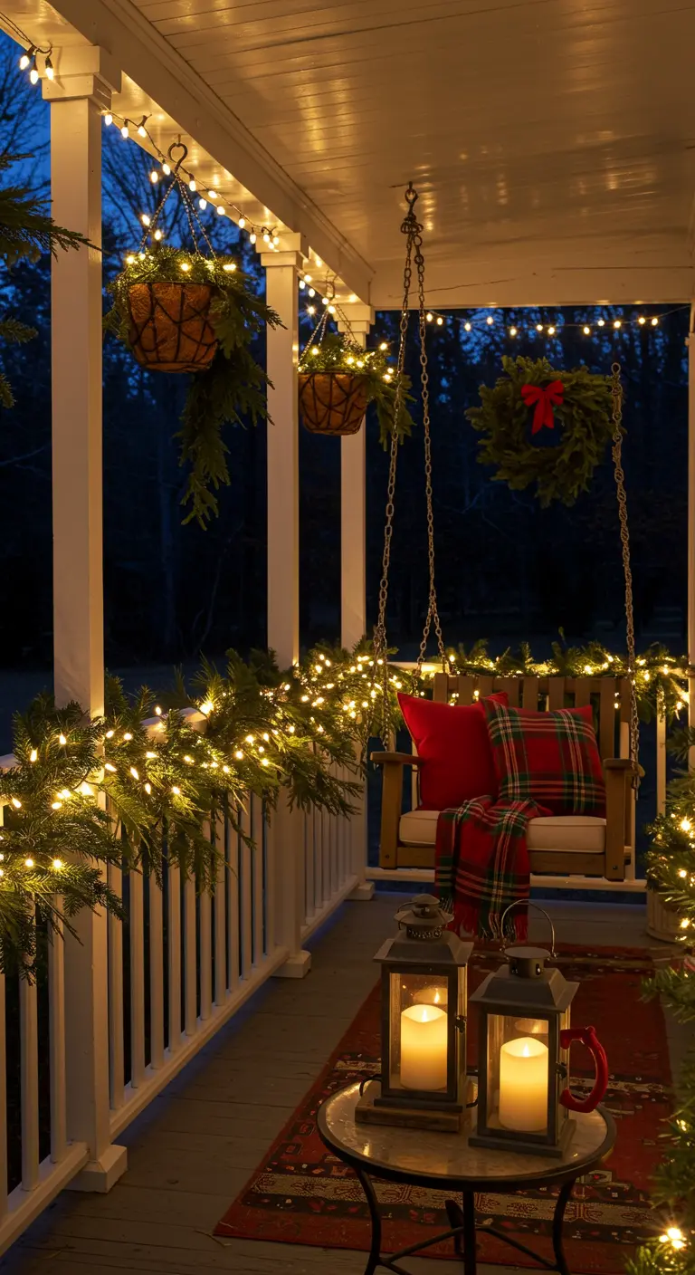 Porche décoré pour Noël avec des guirlandes lumineuses, une balançoire en bois et des lanternes.