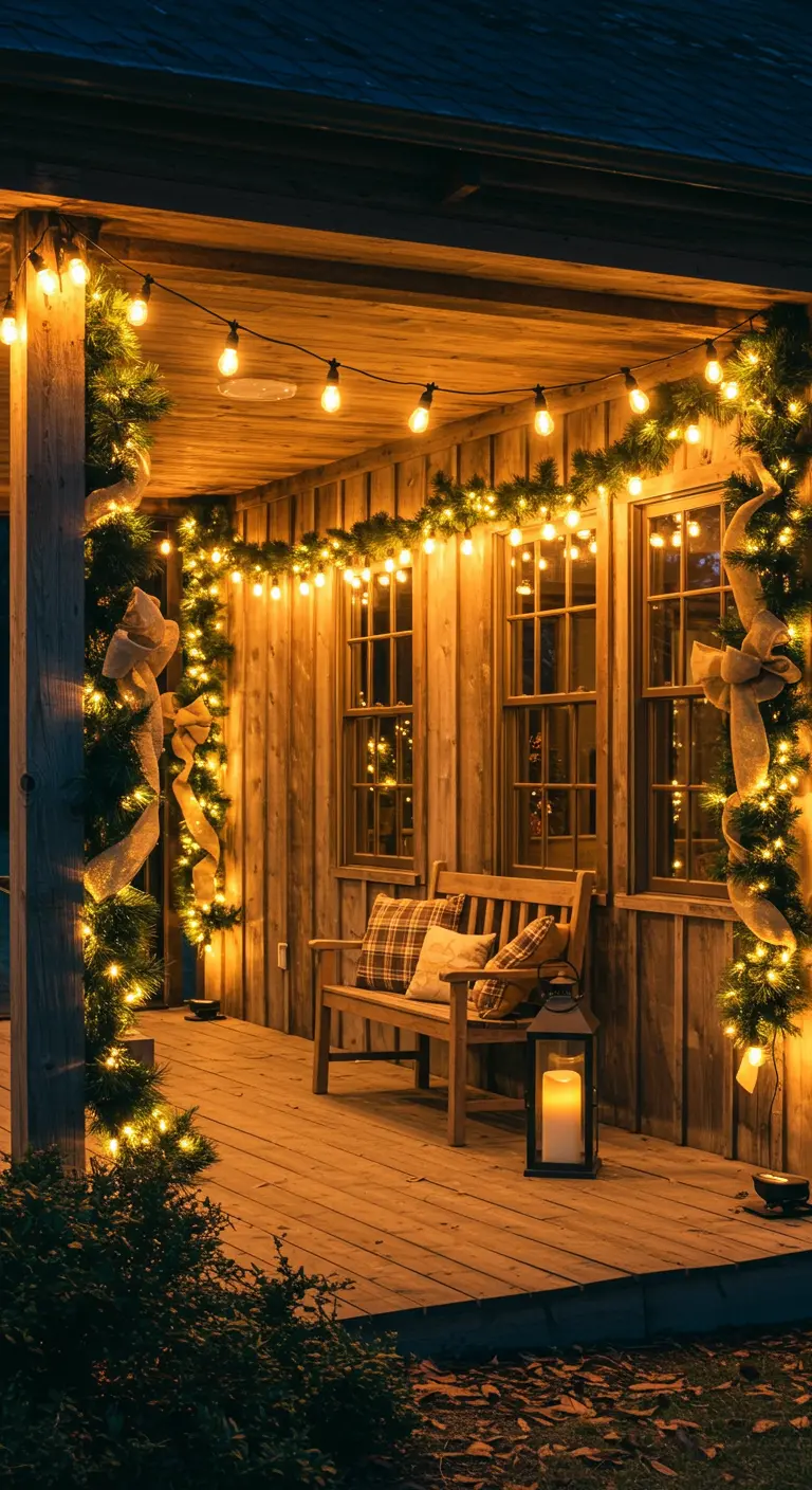 Porche en bois décoré de guirlandes lumineuses chaudes, d'un banc et d'une lanterne au sol.