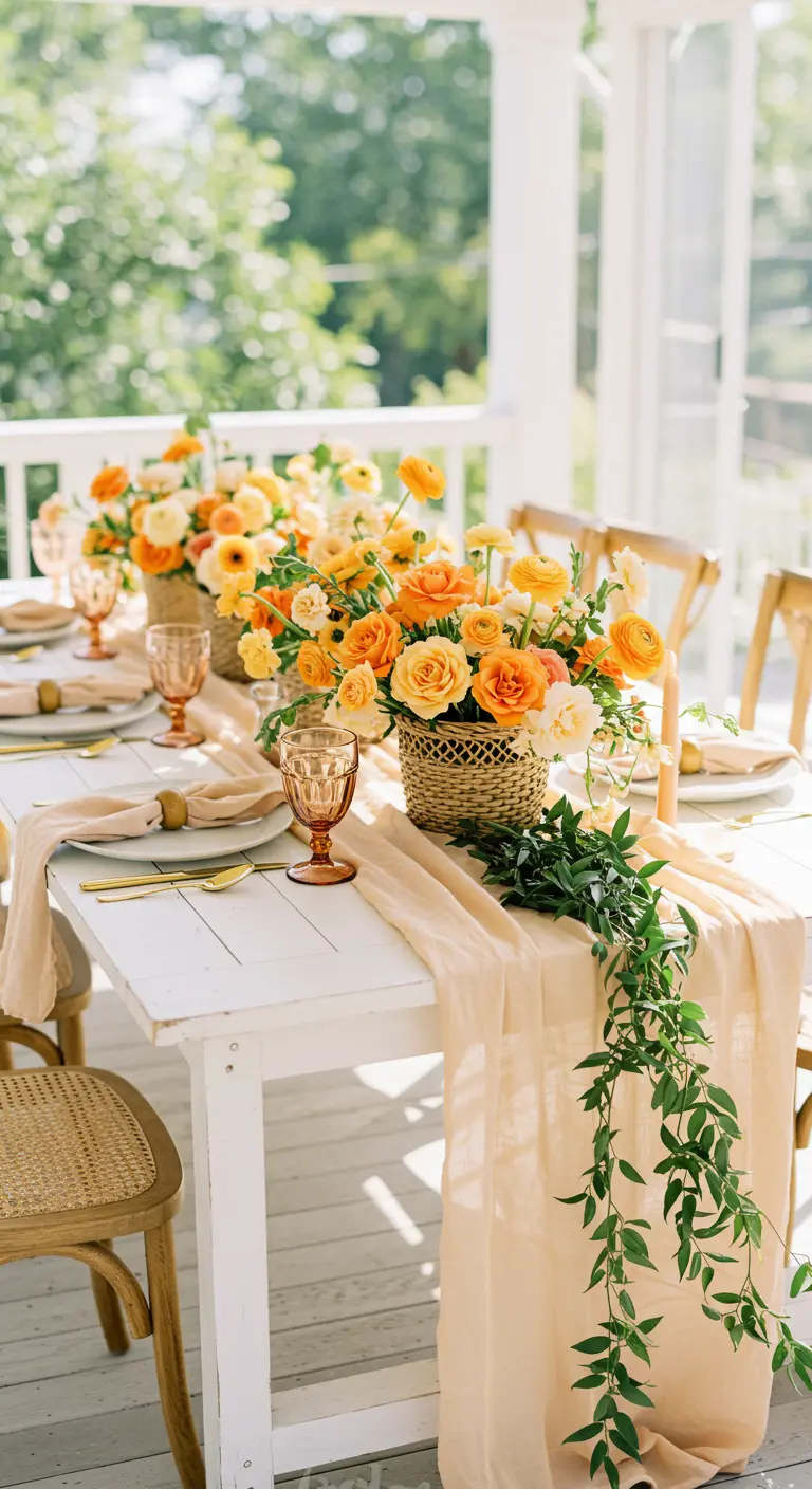 Table sur un porche avec chemin de table couleur pêche, paniers de fleurs oranges et verres ambrés.