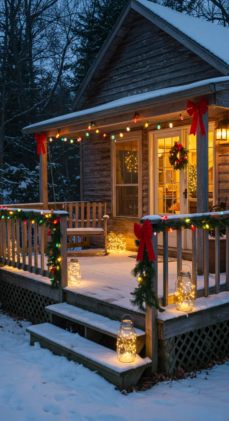 Porche de maison en bois enneigée décoré de guirlandes lumineuses, rubans rouges et lanternes en verre.